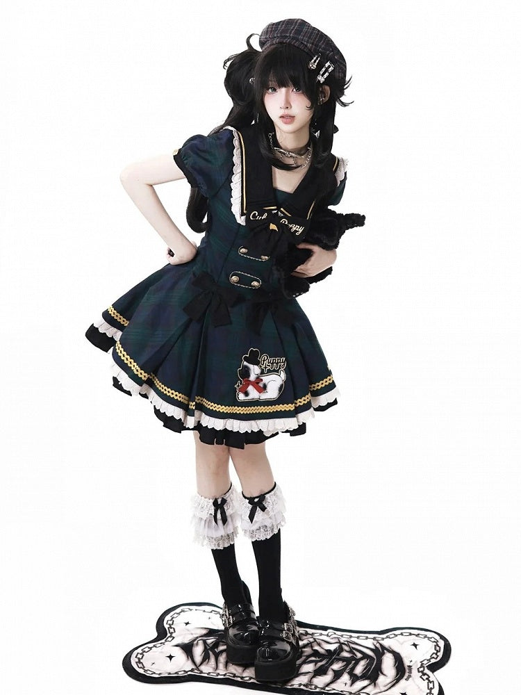 with Lace Plaid Trim Sweet Lolita Green and Black Dress Puppy Patch
