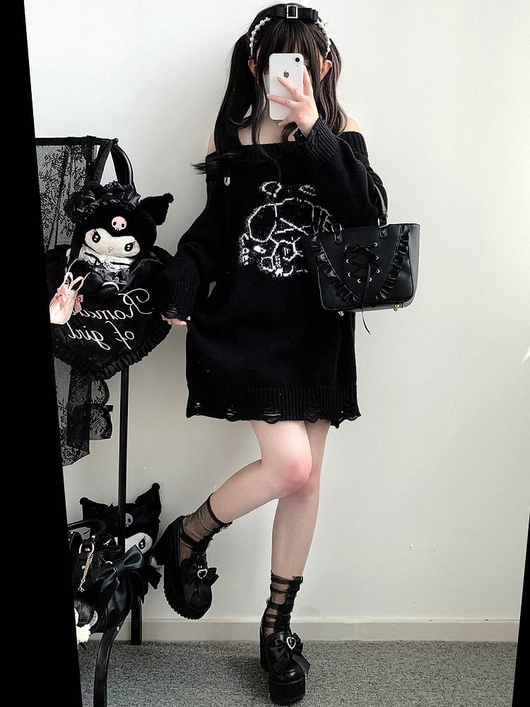 ジライケイ グレーエンジェル パピー グラフィック ダメージ加工 ホールズ ランドマイン ルーズ セーター