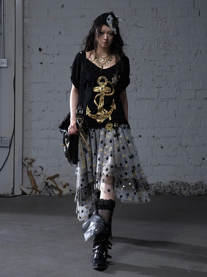 Schwarz/Weißes Navycore-Grafik-T-Shirt im Distressed-Design