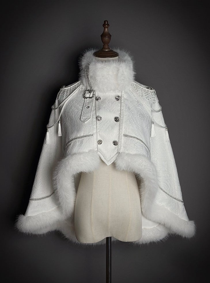 Fur-Trimmed White Decoration and Cape with Buckle Faux Breasted Lolita Military Double Tassel