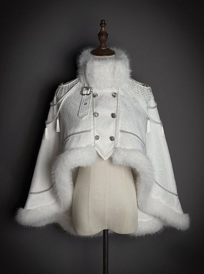 Fur-Trimmed White Decoration and Cape with Buckle Faux Breasted Lolita Military Double Tassel