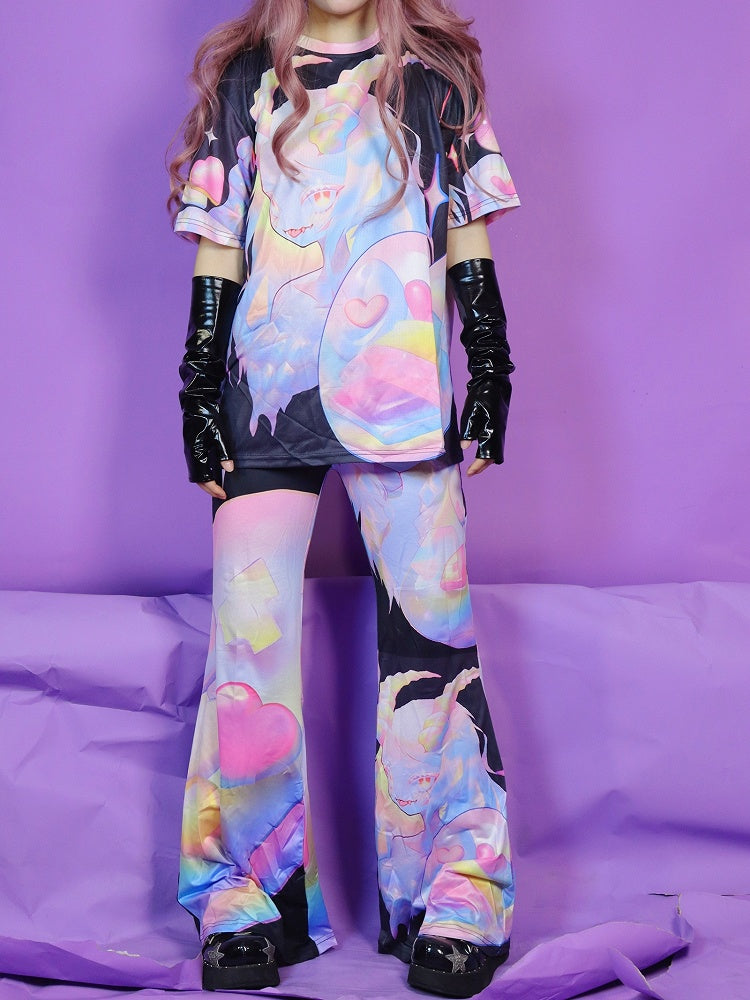 ファッションカラフルなギャルフレア漫画柄パンツ