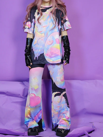 ファッションカラフルなギャルフレア漫画柄パンツ