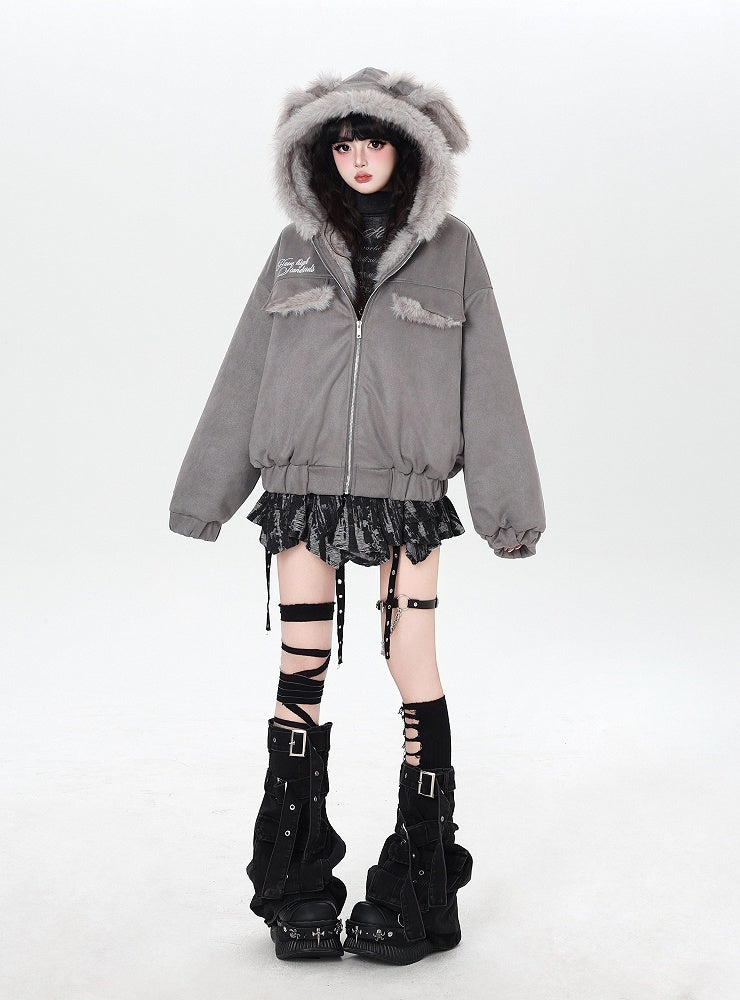 Jacket Ears Pattern Padded Fur Lettering Rabbit with Hooded