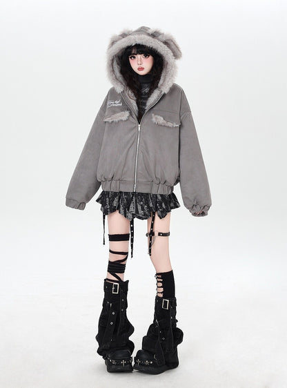 Jacket Ears Pattern Padded Fur Lettering Rabbit with Hooded