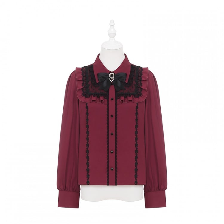 Lace Wine Black Trim Red Blouse Kei Jirai Bittersweet with Long Sleeves