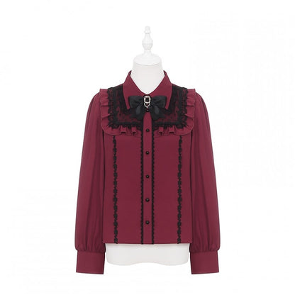 Lace Wine Black Trim Red Blouse Kei Jirai Bittersweet with Long Sleeves