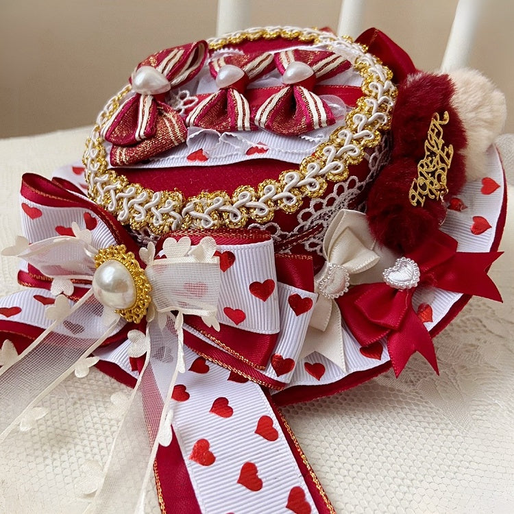 Hutdetails Bowknot Design Sweet Lolita RotWeiß Perlen verziert Herz Mini