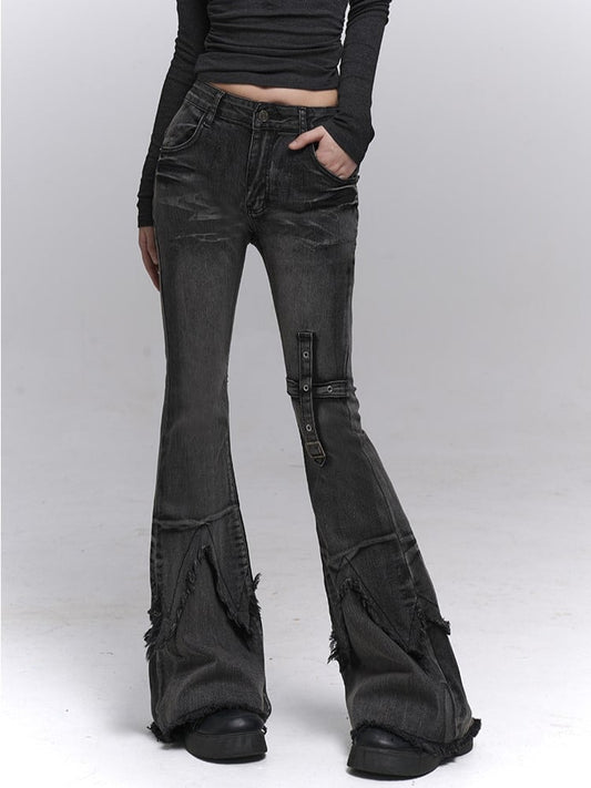 Hem Black-Grey Jeans Raw Inverted Wash Design Vintage Flared Triangle with