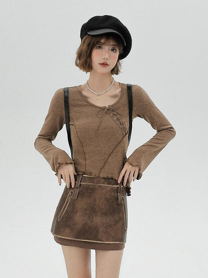 Brown Ruffle Trim Long Sleeve T-Shirt with Lace-up Details - Girlyhalo