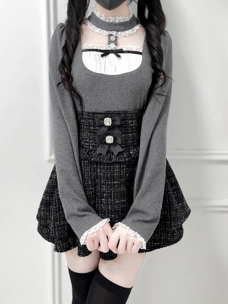 High-Waist Bows Tweed Match Kei Skirt: Black Detachable Jirai Mix with