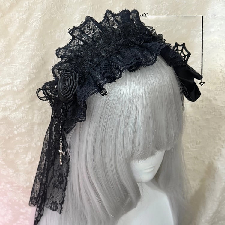 5 with - Gothic Lolita Options Accents Hairbands Lace Color Web Rose/Spider (Red