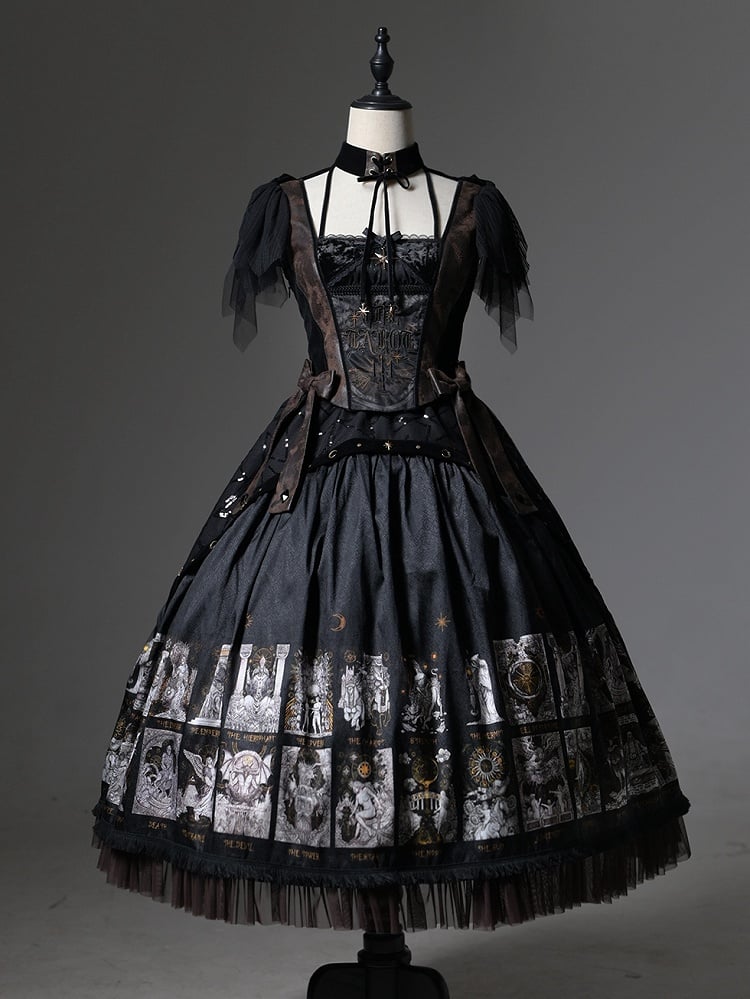 Gothic Lolita with Two-pieces Dress Detachable Tarot Hood Fake Card Print