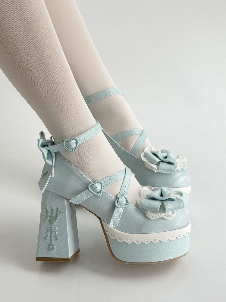 Block Straps Heels Embroidery High Buckle Lace Bowknot Lolita Platform Blue Fork