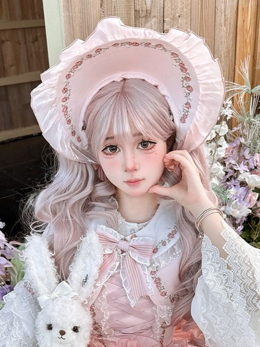 with Strawberry Pink Lolita Delight Ruffles Bonnet Lace
