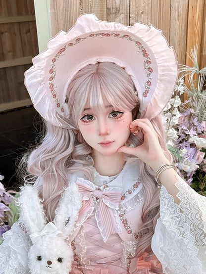 with Strawberry Pink Lolita Delight Ruffles Bonnet Lace