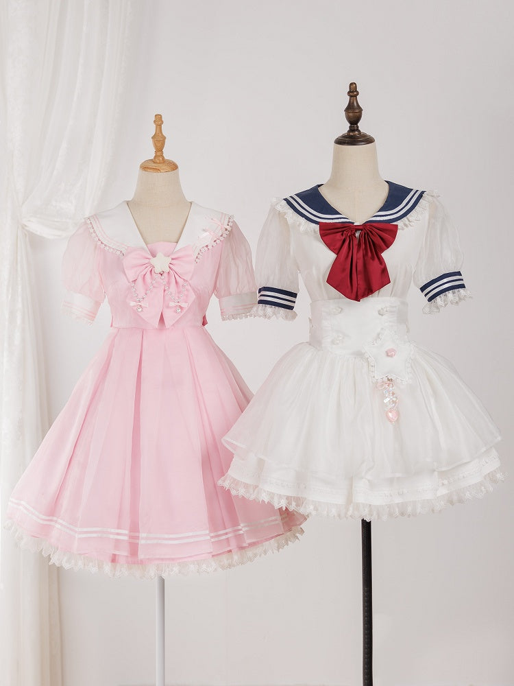 White Star Buttons High Waist Tenshi-kai Skirt with Flutter Shoulder Straps - DevilInspired Exclusive Collection