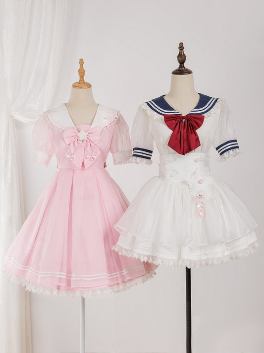 White Star Buttons High Waist Tenshi-kai Skirt with Flutter Shoulder Straps - DevilInspired Exclusive Collection
