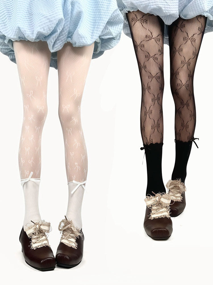 Tights Bow Black/White Fishnet Pattern Paneled