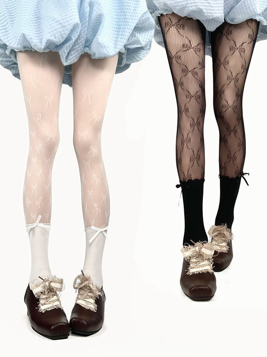 Tights Bow Black/White Fishnet Pattern Paneled
