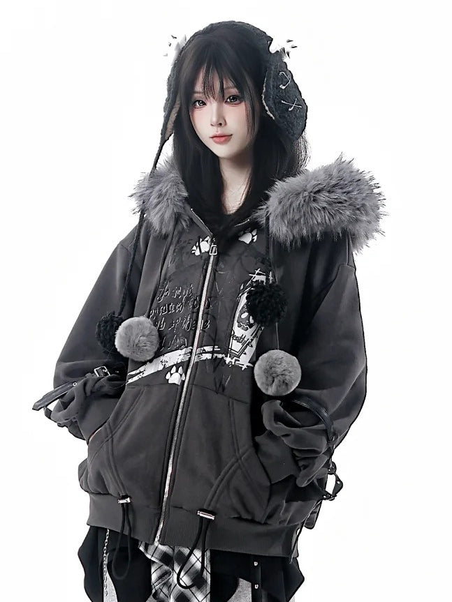 Trim Accents Hooded Grey Ear Spiderweb Hood Prints Plush Jacket with - Bittersweet Wolf