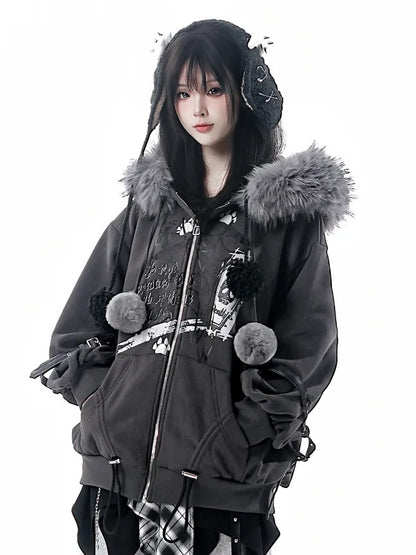 Trim Accents Hooded Grey Ear Spiderweb Hood Prints Plush Jacket with - Bittersweet Wolf