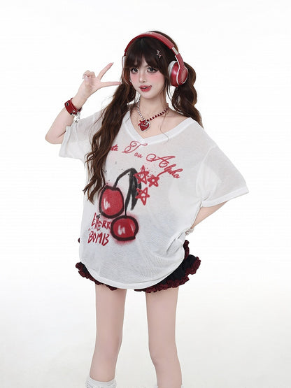 Tシャツ ホワイト セミシアー Vネック チェリープリント 日焼け防止 ビタースウィート