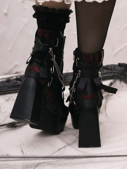 Platform Gothic Block Heel Style in Decor Black Chain High Boots Multi Removable Red System Fastening