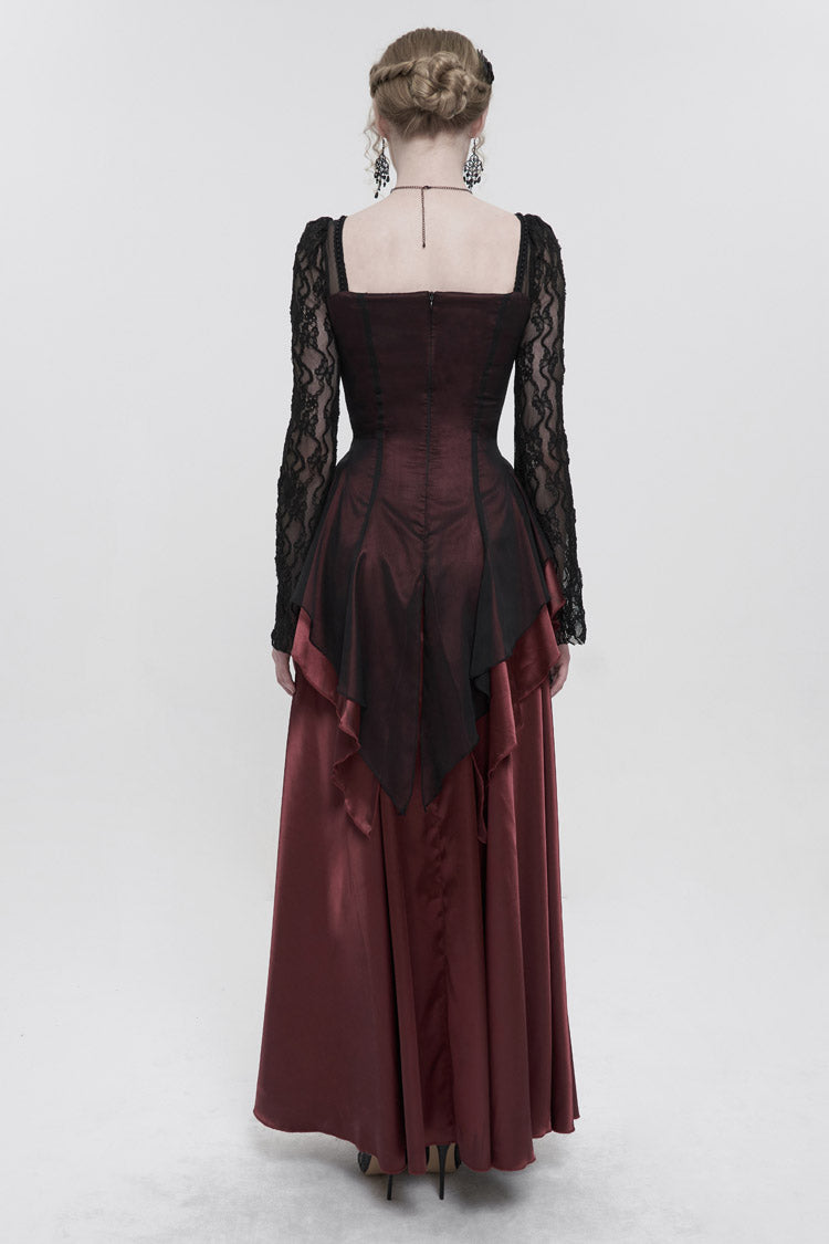 Crimson Lace Pointed Long Sleeves Back Zipper Satin Floor-Length Gothic Gown