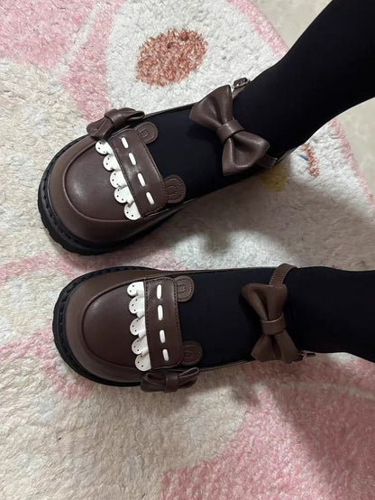 Delicate Flat and Bear Details Mary Bow Brown Sole Janes for Dark Ears 2.8cm with Lolita Fashion