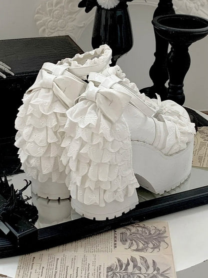 Leather High Gothic Detail PU Heels Block Bow Knotted with White