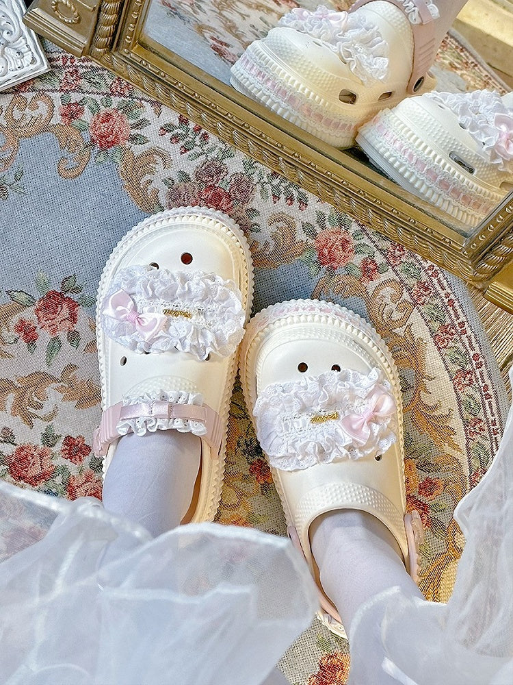 Details Bow Beige - Pink Clogs Sweet Lolita