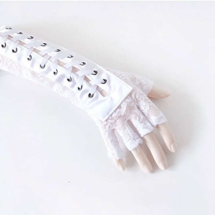 Black/White Gothic Lace-up Arm Warmers
