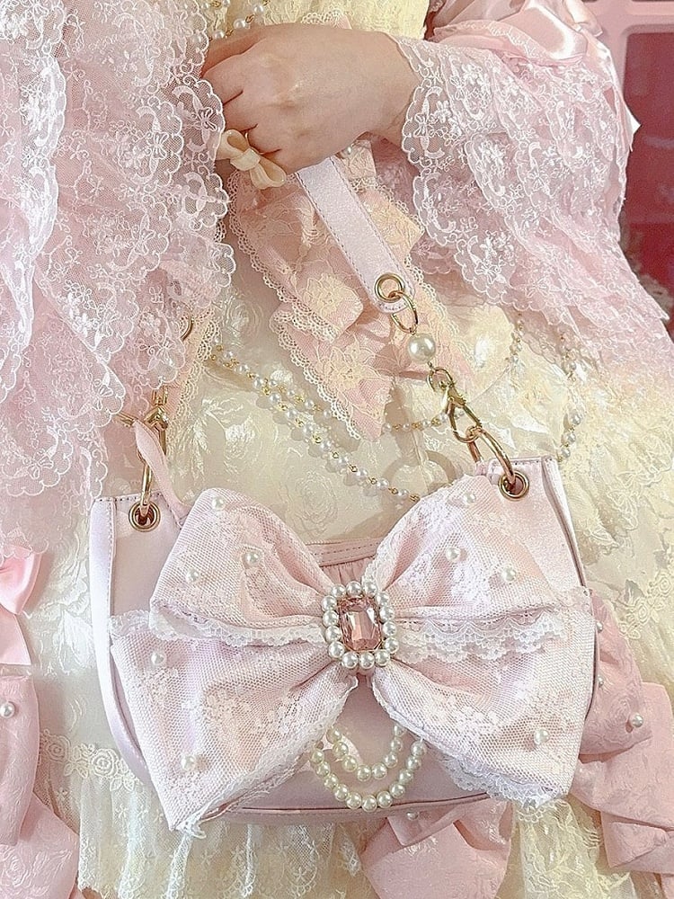 Satin Pink Lolita Underarm Bag with Lace Bow and Crystal - Sheep Puff Bag