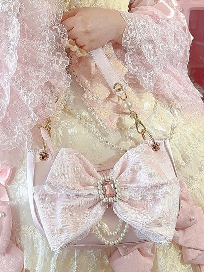 Satin Pink Lolita Underarm Bag with Lace Bow and Crystal - Sheep Puff Bag