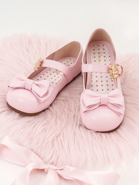Pink Sweet Flats Bear at with Bow Heart Lolita Top Buckles Hugging
