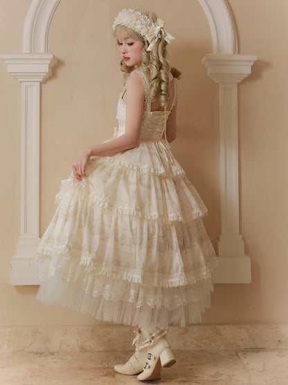 クリーム色のティアードプリントスカートジャンパー、ビーズのロリータネックライン