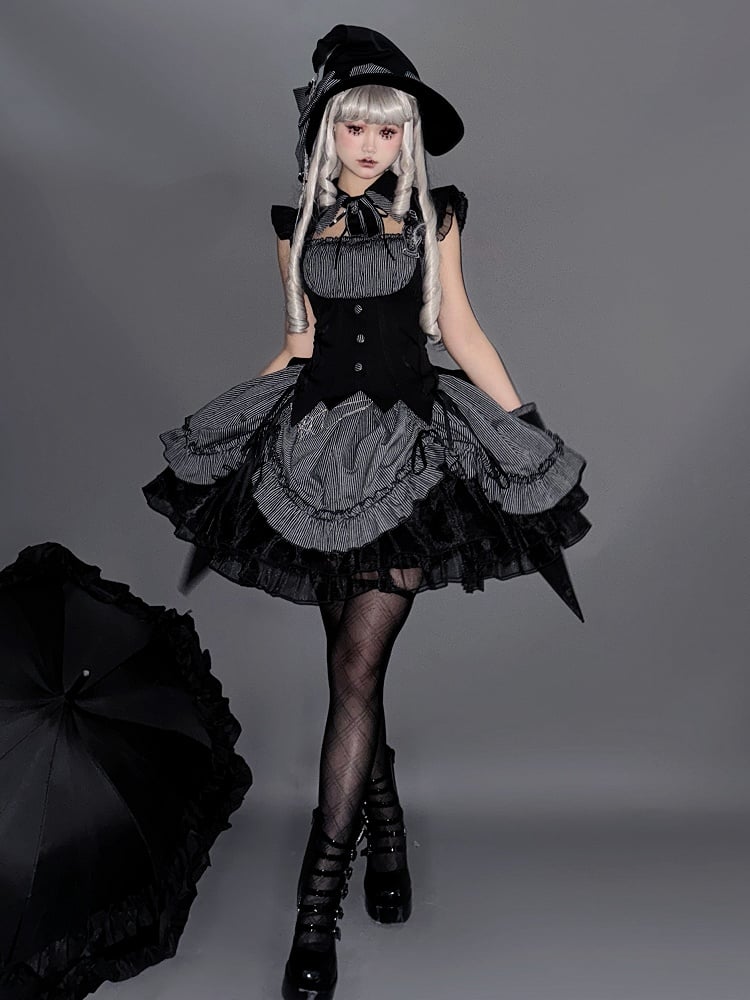 Halloween Hem Gray and Dress Black Boned Drawstring Pattern Lolita Striped Gothic Waist