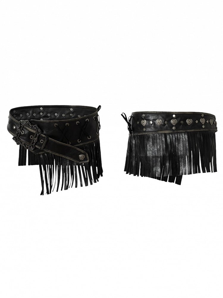 with Crisscross Studded Waist Vintage Black Fringe PU Belt Lacing Punk