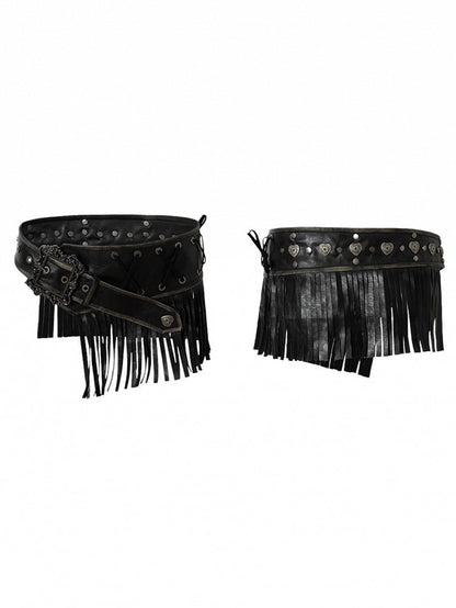 with Crisscross Studded Waist Vintage Black Fringe PU Belt Lacing Punk