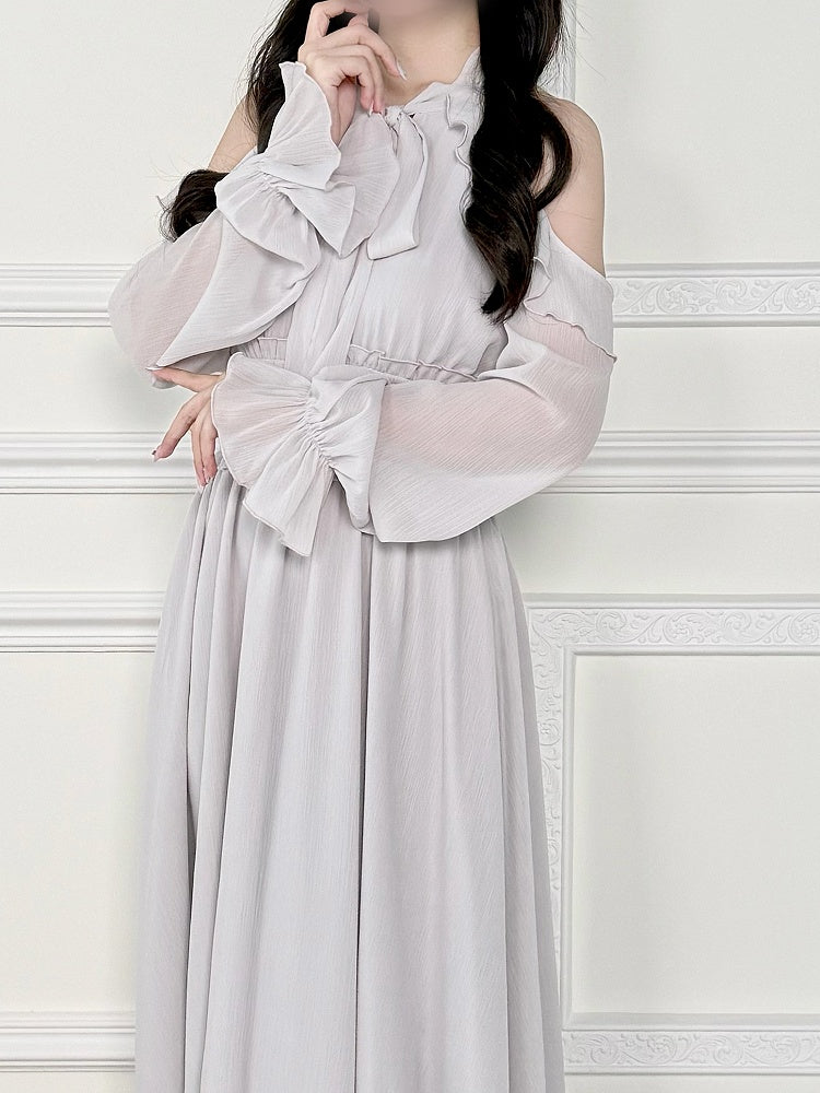 mit Kleid: Grauer heller Stil, Ausschnitt, Unschuld, gesmokt, Kei, Schulter, Taille, Pure Jirai