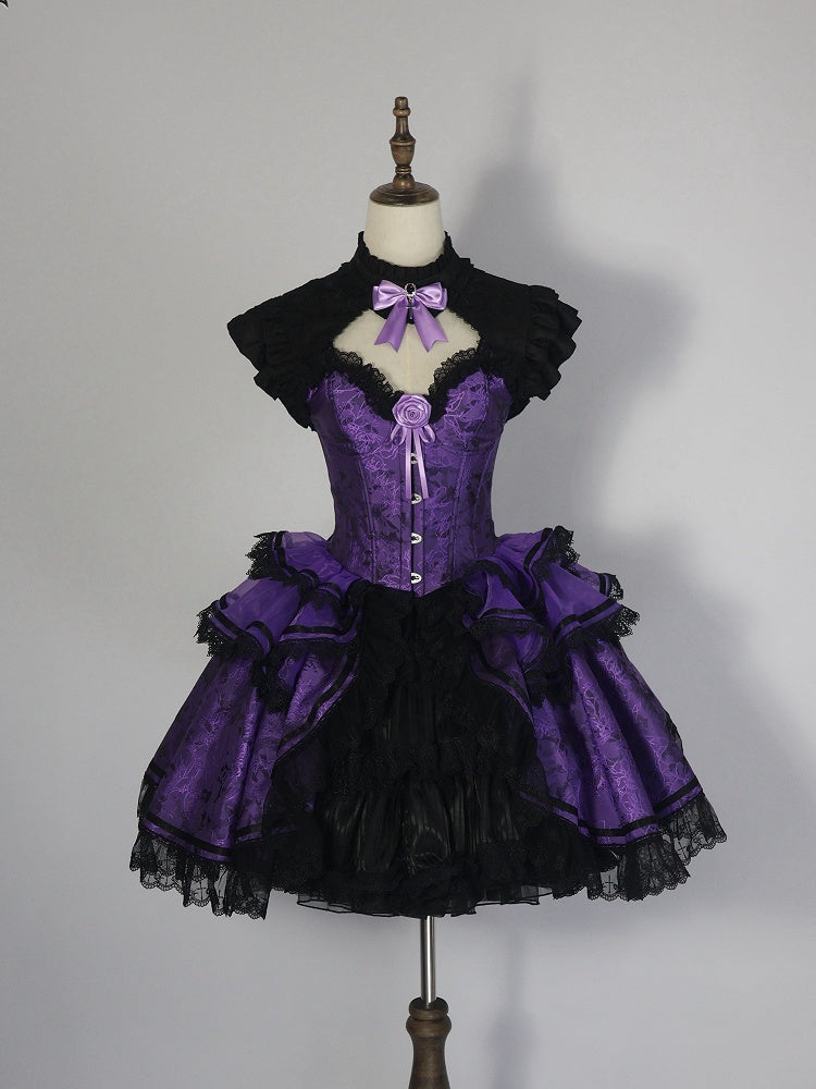 Gothic Lolita Boned Corset Top with Tiered Skirt and Collar in Purple and Black - Somnium Isle