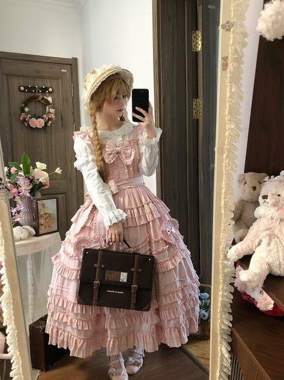 Sweet Multi-Layer Lolita Only JSK Dress Bow + Ruffle Hairband Pink / Detail Belt with