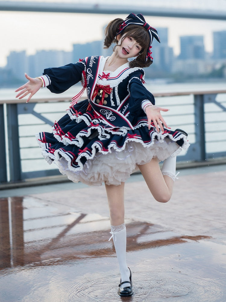 Lolita-Kleid, kurz, abnehmbar, Marineblau, mit Ärmeln, blau, Sommer-Matrosenkragen