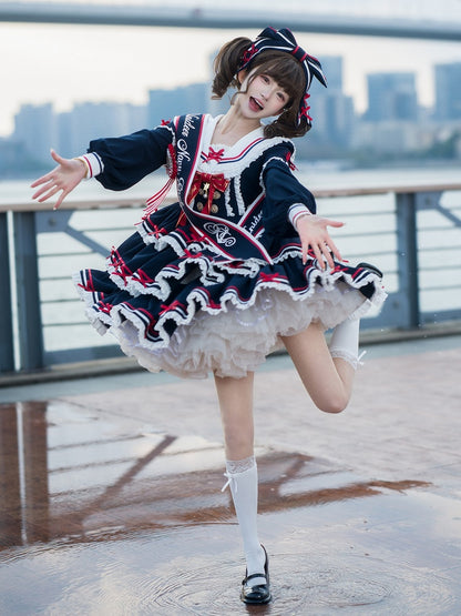 Lolita-Kleid, kurz, abnehmbar, Marineblau, mit Ärmeln, blau, Sommer-Matrosenkragen