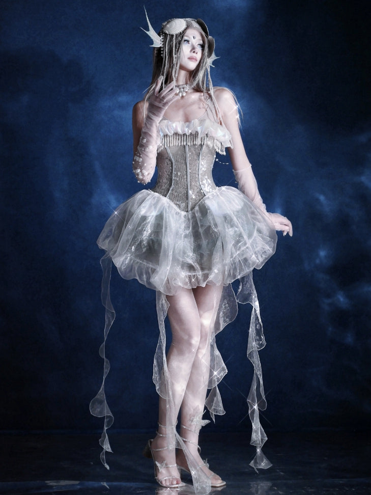 Pailletten Vogelkäfig + Quallen Kleid Overlay Korsett Stäbchen Saum Design Glänzend