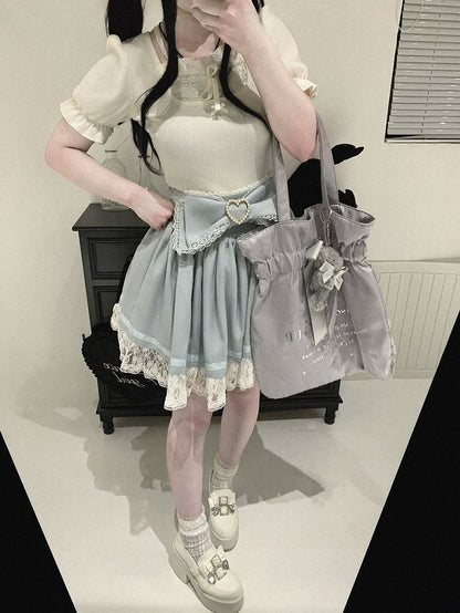 Bow Decorated Skirt with Lace Trim, Jirai Style, 4 Colors - Kitty Bxllet