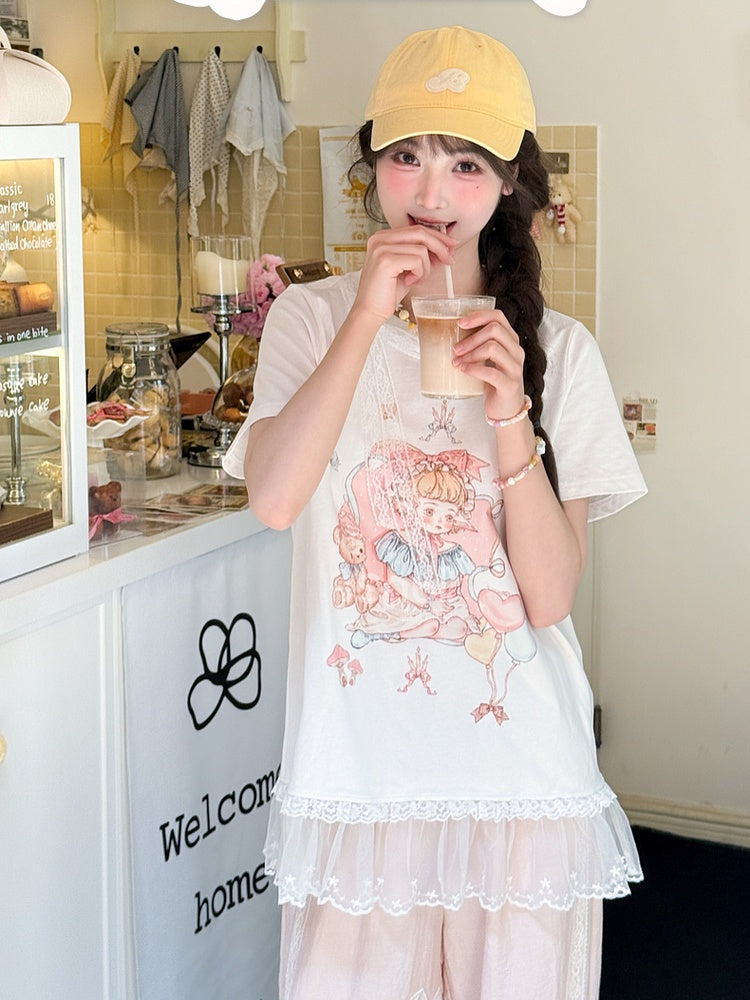 Pink/White Girl Print Lace Trim T-Shirt Cute Round Neck