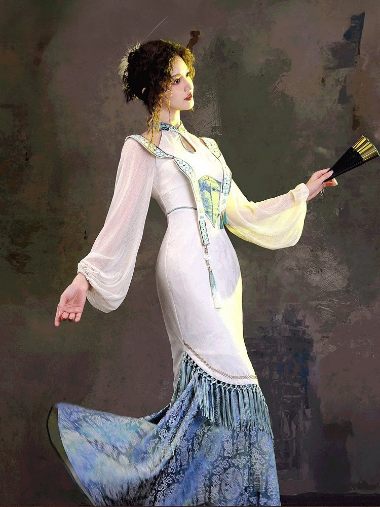 Elegant Blue & White Jacquard Long Cheongsam Gown with Cutout Accents - sijinstudio