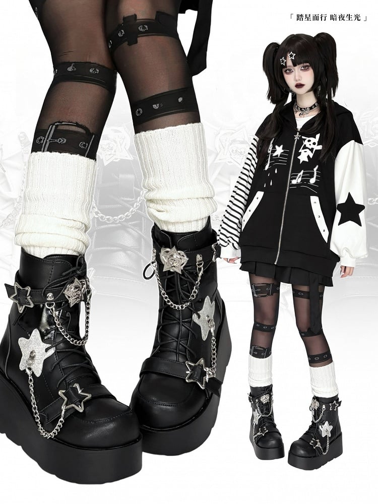 Star Details, Detachable Chains & Tri-Closure Design PU Black Platform Boots in Punk Style